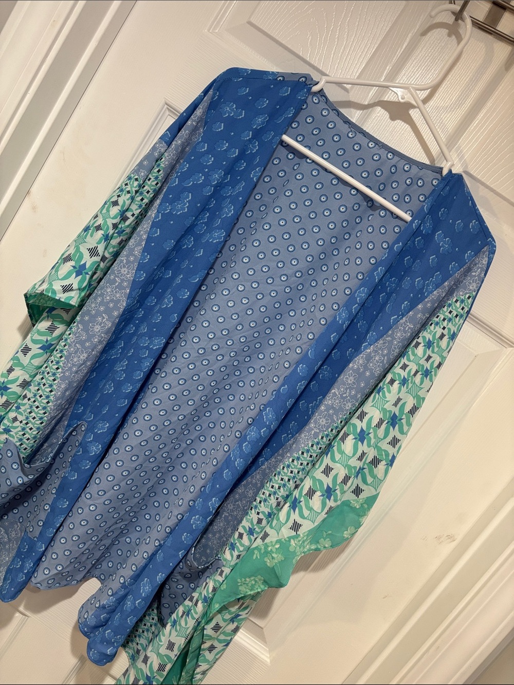SUSAN GRAVER Open-Front Kimono Swim Coverup Blue/Green Patterned w/Front Pockets